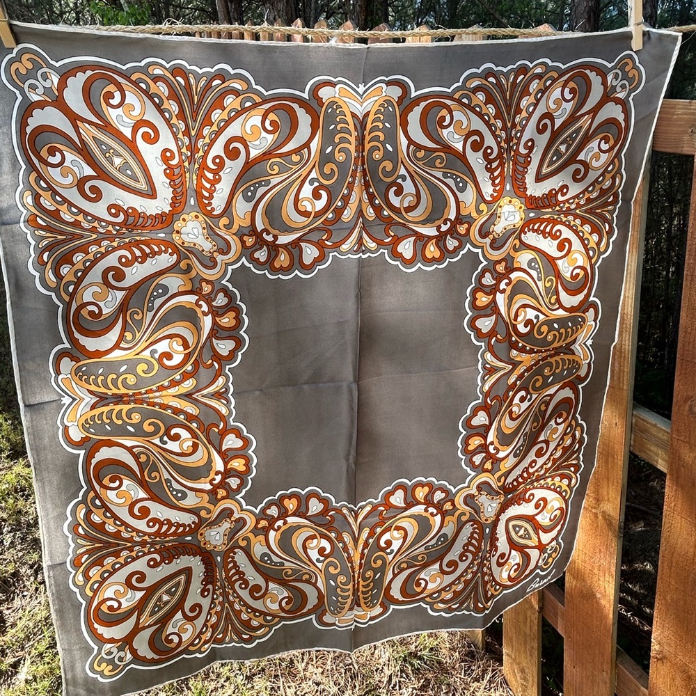 Burmel silk hand rolled vintage Paisley Scarf Japan silver brown geo mod 29” - Picture 8 of 8